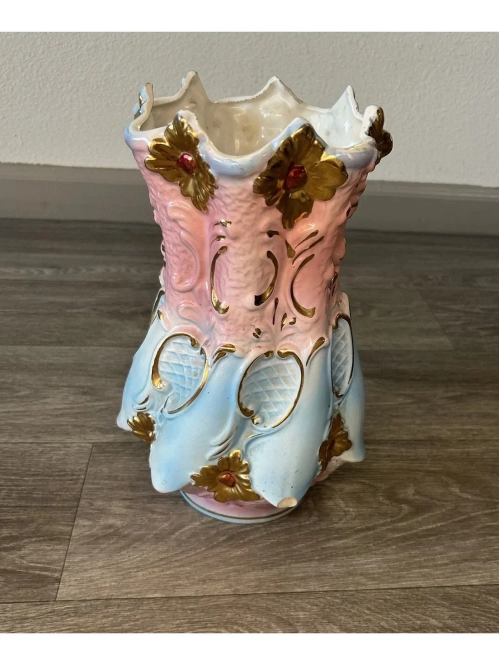 Vintage Italian Hand Painted Ceramic Vase Pink Blue Gold Gilt 12.5”